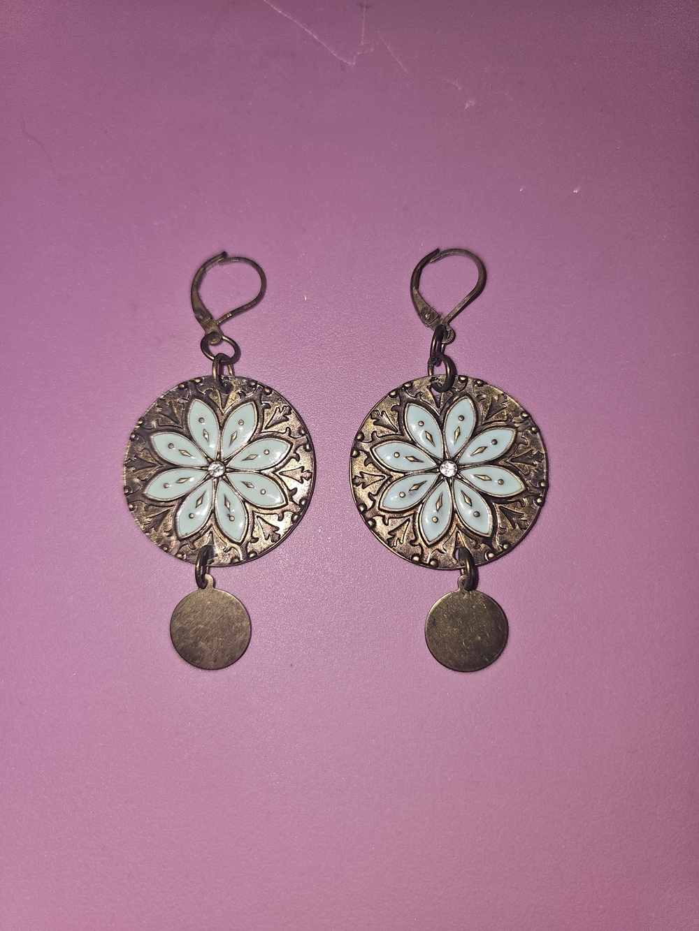 Delicate Floral Medallion Drop Earrings - Mint Blue and Antiqued Gold